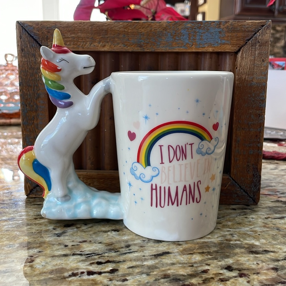 🌎Unicorn Coffee Mug Ceramic 3D Hand Painted "I Don't Believe In Humans" Rainbow